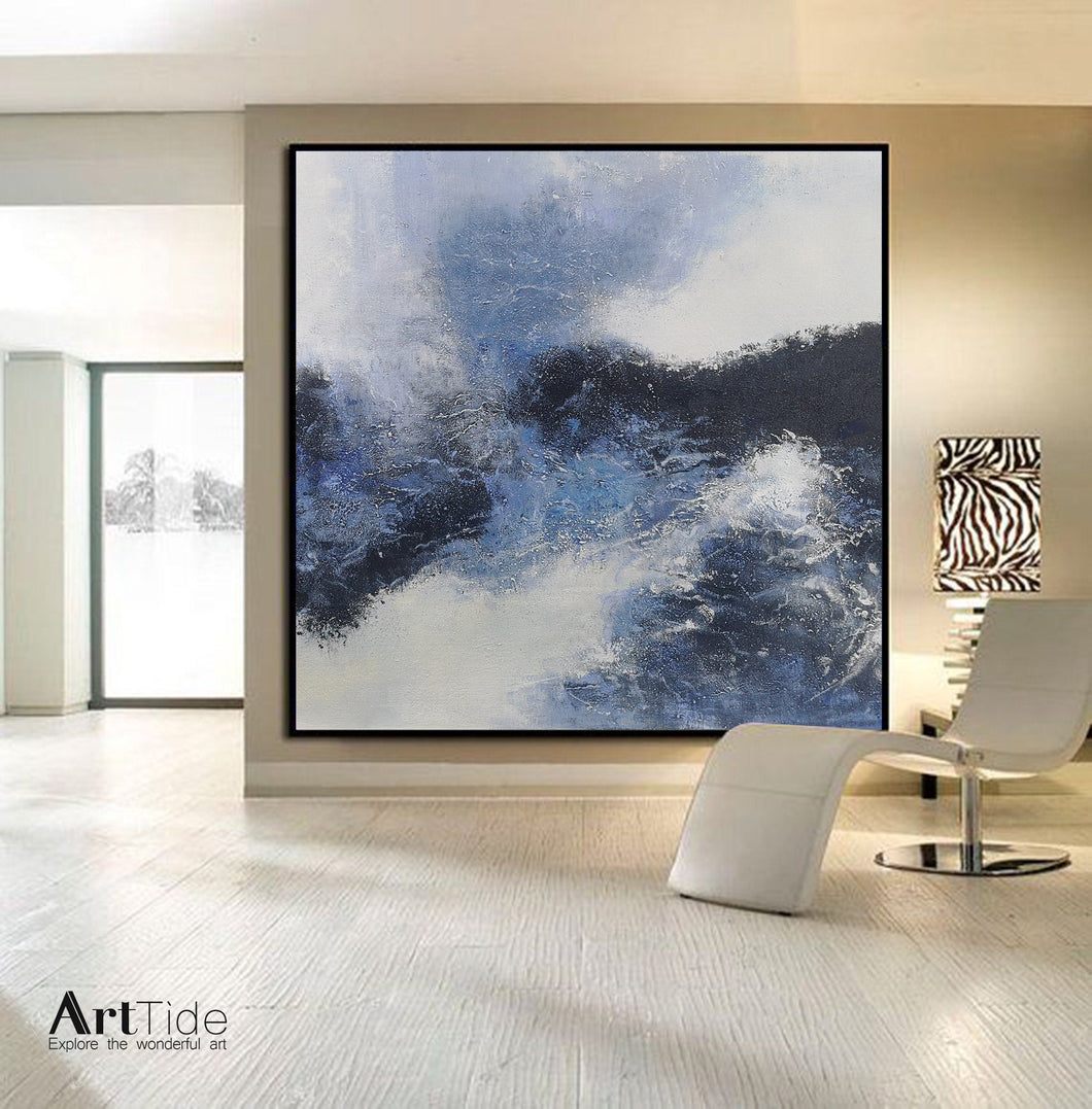 Blue And Black White Abstract Painting Minimalist Art Qp095