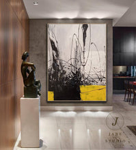 Load image into Gallery viewer, Black Grey Painting Yellow Painting Minimalist Abstract Oil Painting Qp087
