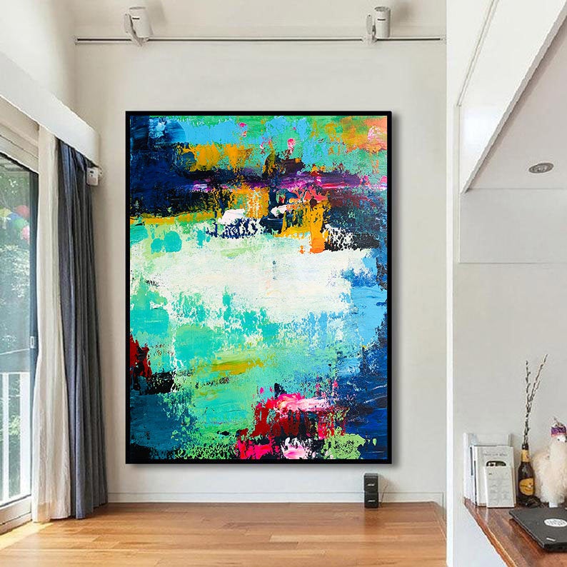 Very Large Canvas Wall Art Blue Green Abstract Painting On Canvas Bp034