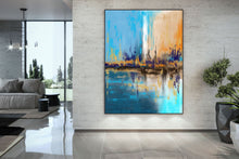 Load image into Gallery viewer, Blue Yellow Beige Palette Knife Artwork Original Abstract Painting Qp039
