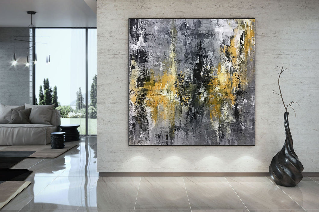 Large Black Grey Yellow Abstract Painting Office Decor Fp025