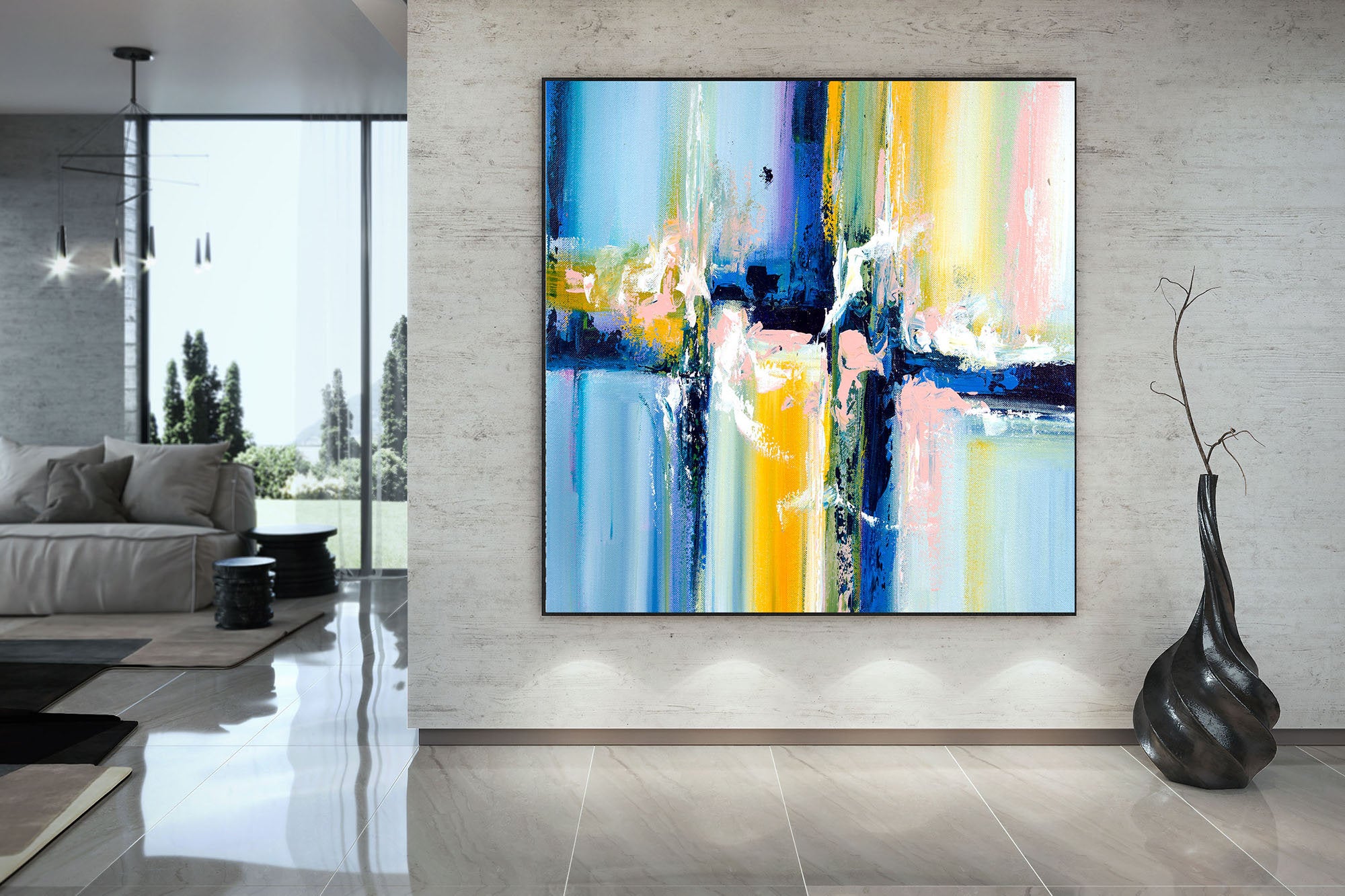 Original Blue Yellow White Abstract Original Painting On Canvas Qp065 ...