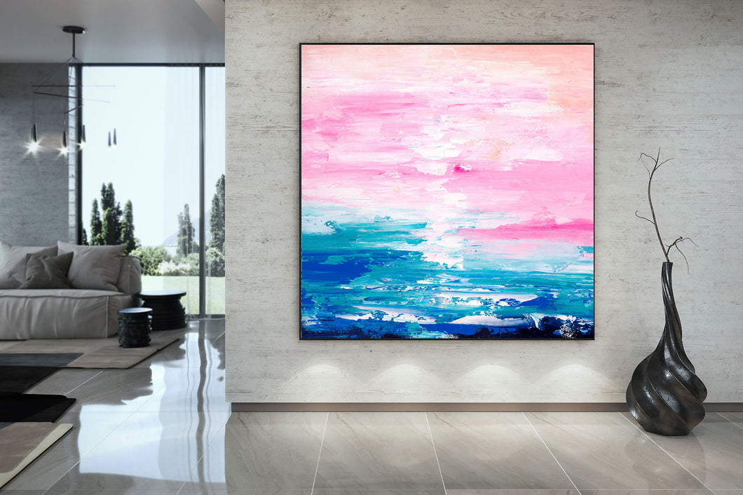 Pink Blue Extra Large Wall Art Abstract Painting on Canvas Modern Home Decor Qp052