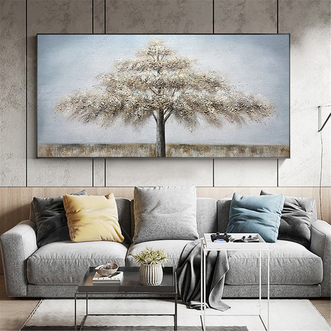 Abstract Tree Painting Gray Acrylic Texture Gold Canvas Wall Art Gp046