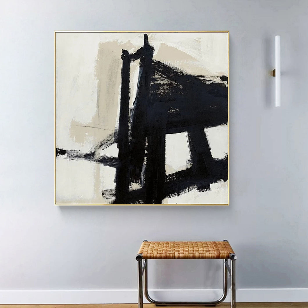 Black and White Abstract Painting on Canvas Minimalist Art Op015