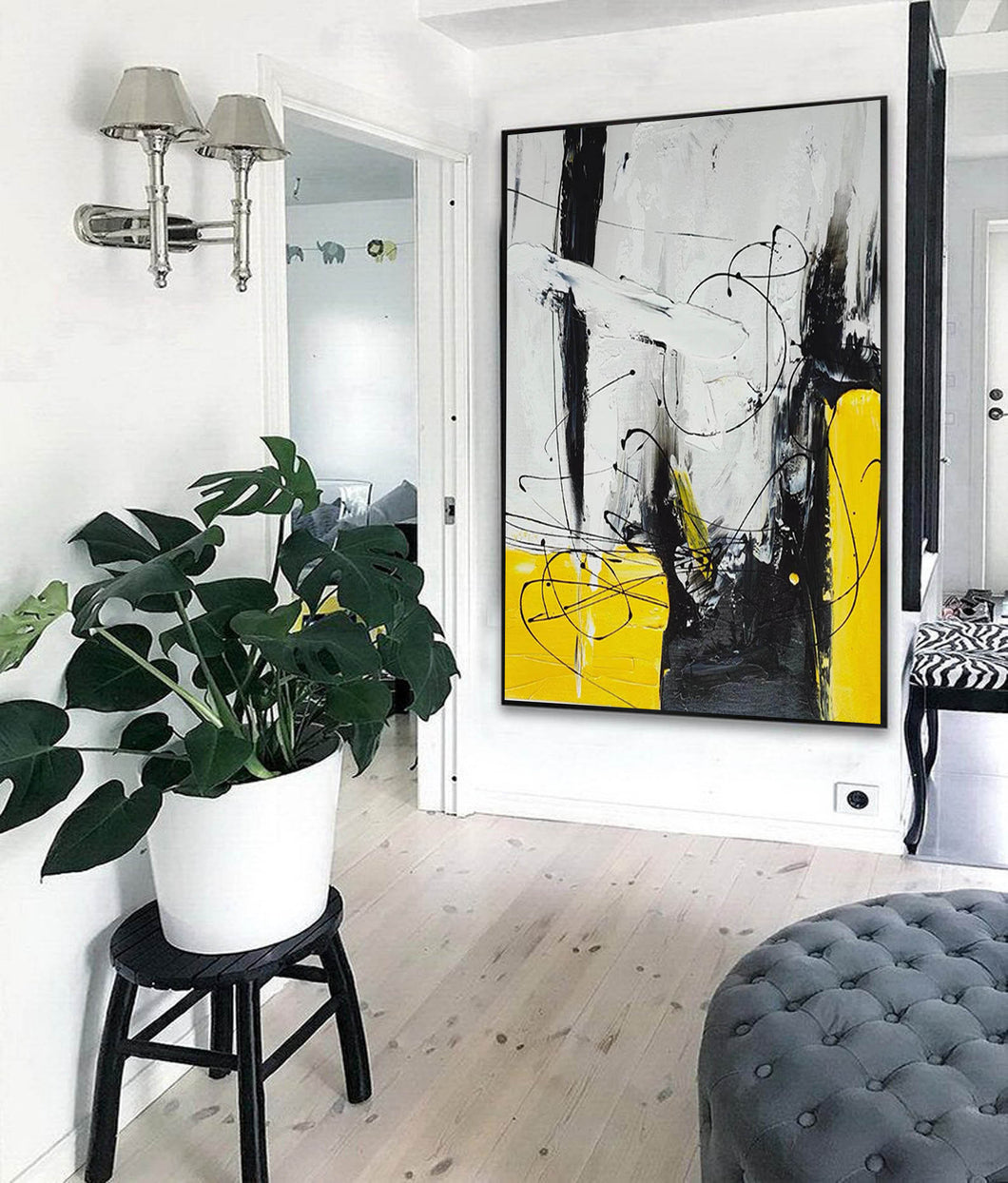 Black White Yellow Abstract Acrylic Painting on Canvas Np114