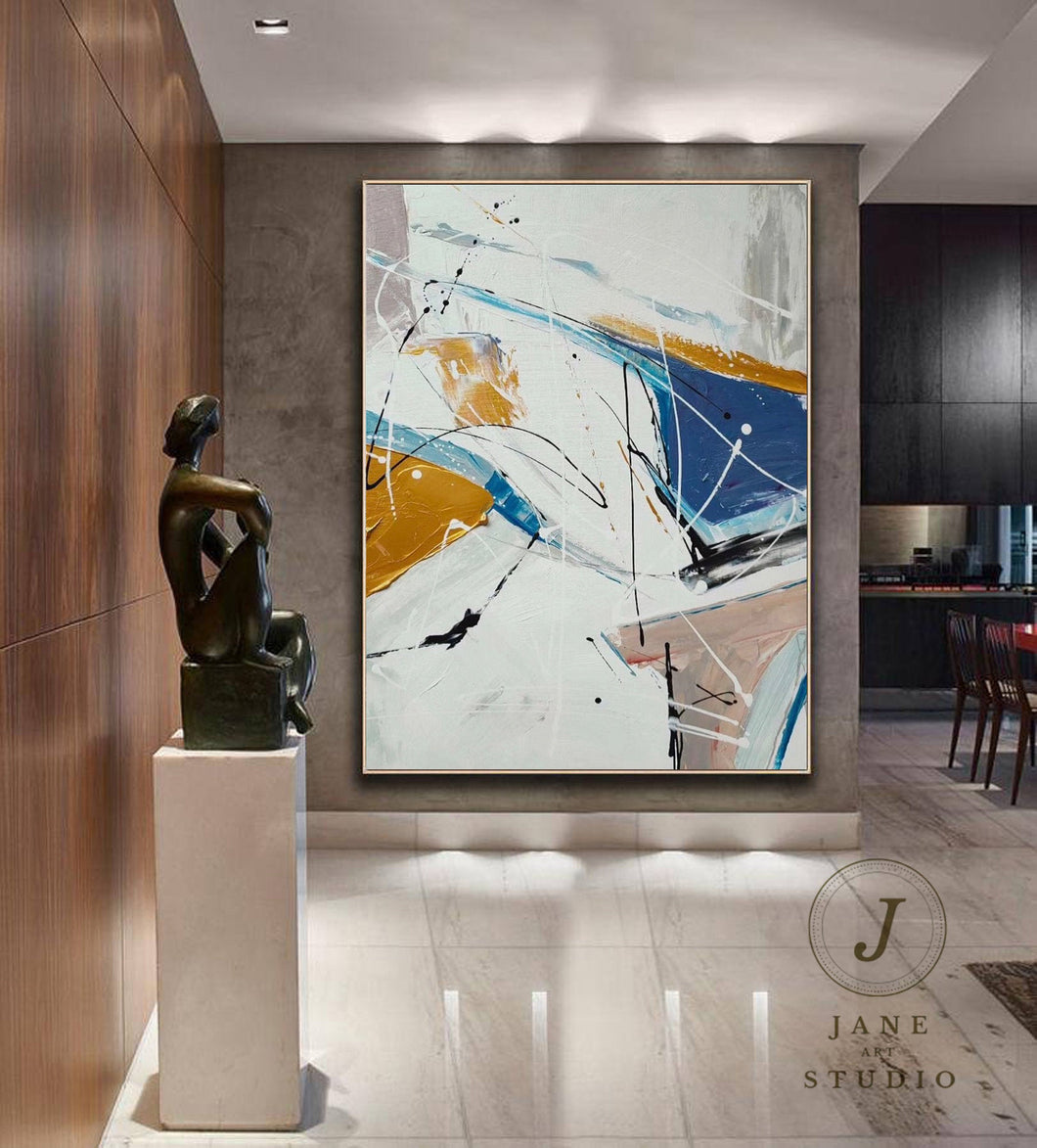 Large Original Blue White Yellow Abstract Painting Minimalist Art Qp047