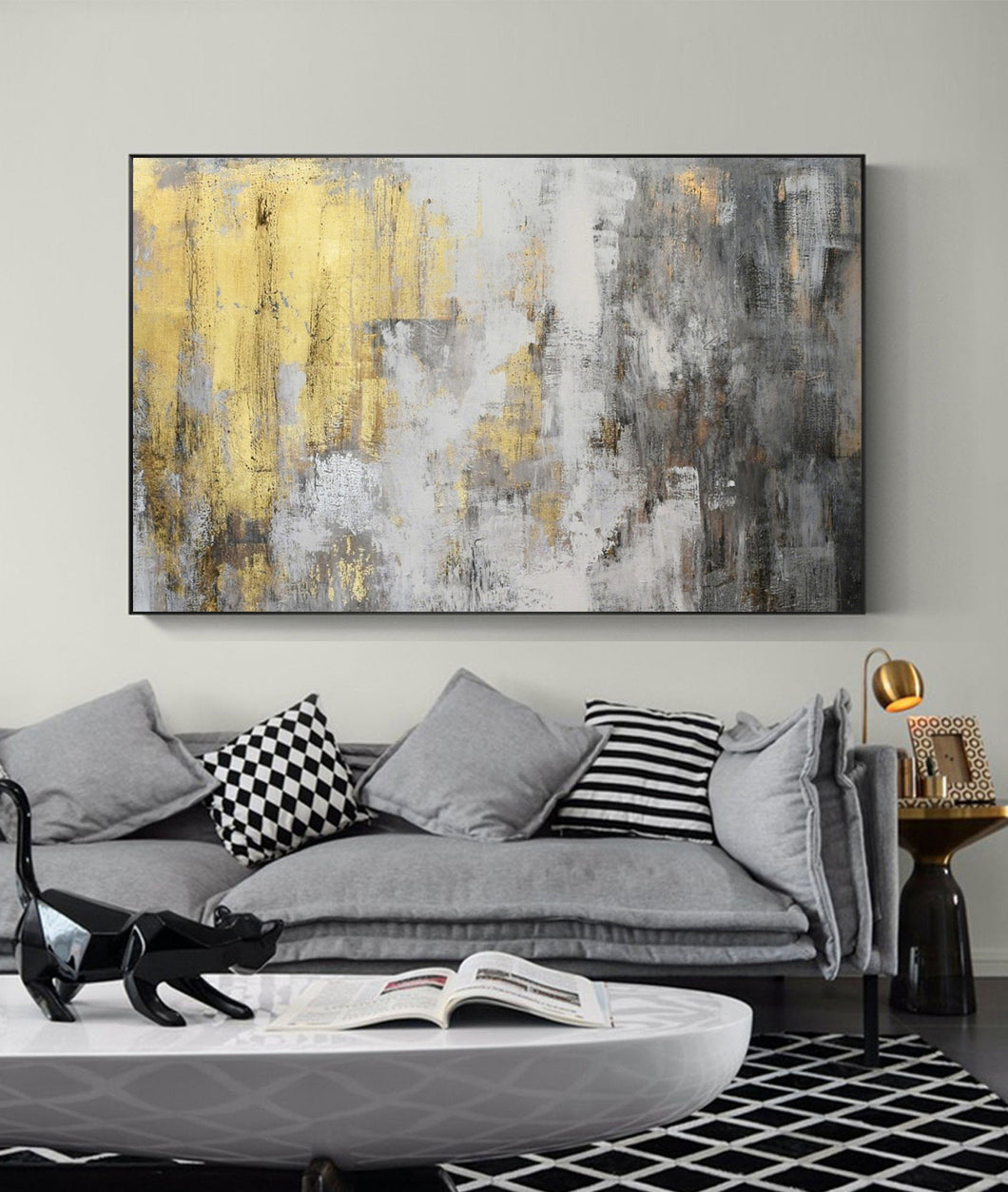 Grey White Gold Abstract Painting on Canvas Original Artwork Op009