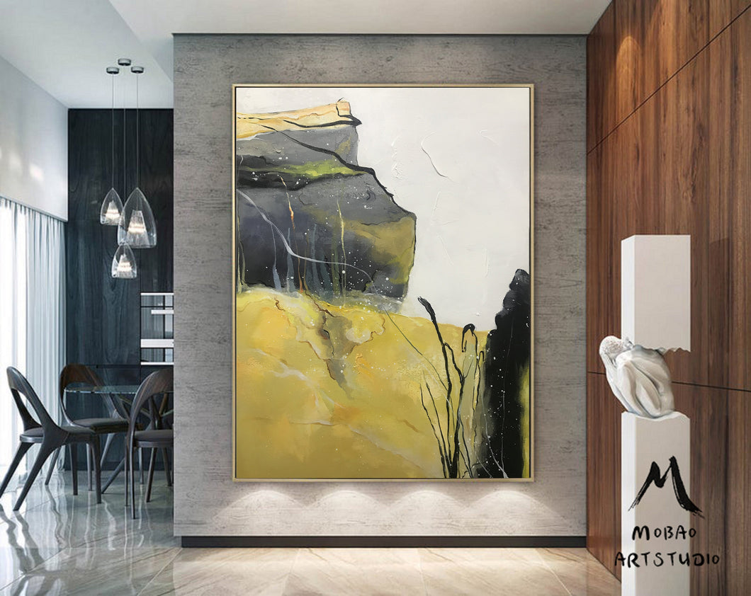 Gray Yellow Abstract Painting Original Large Canvas Art Np052