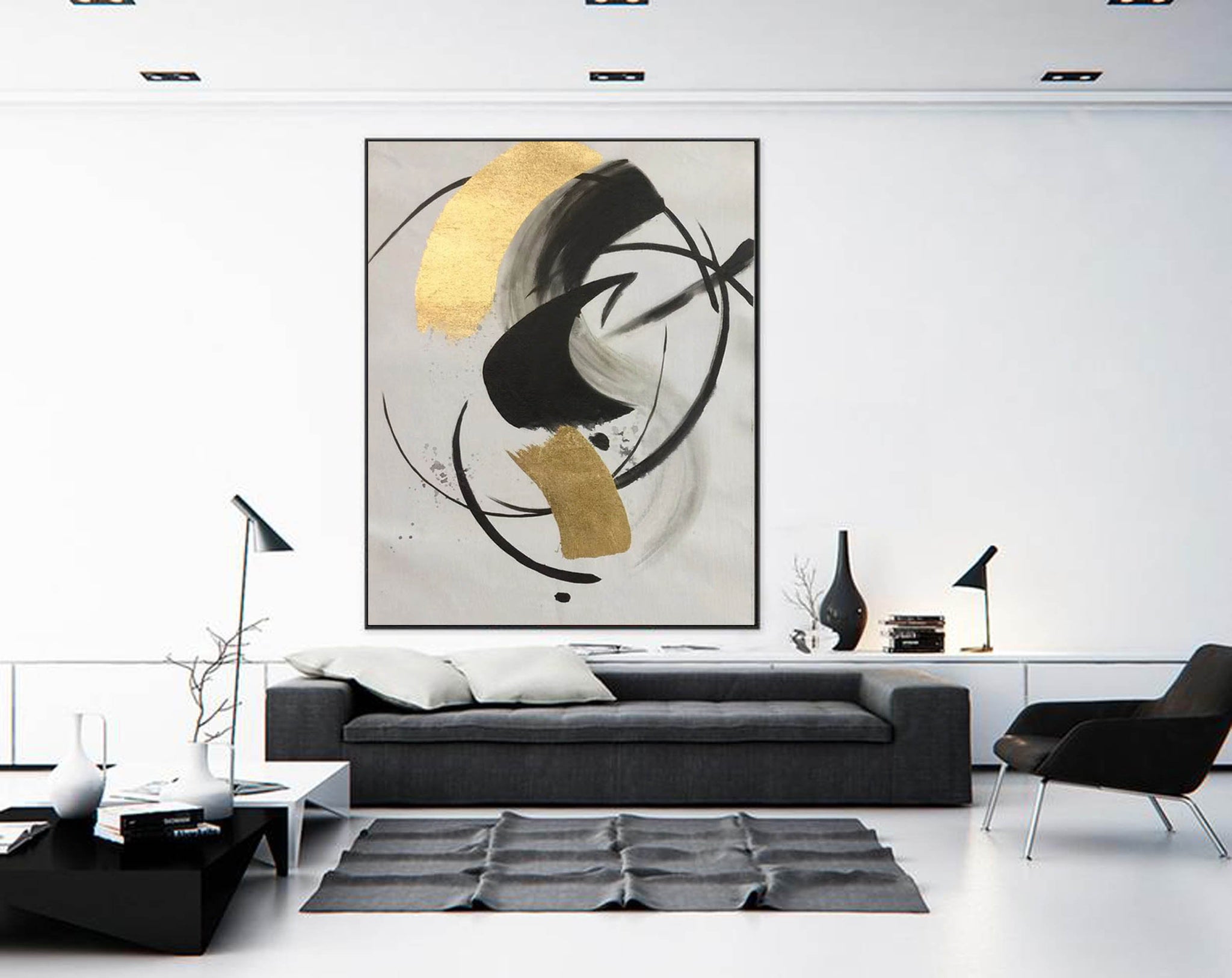 Contemporary art,black and orders white painting,Living room wall art,minimalist art,black and yellow canvas art,extra large canvas, BW016