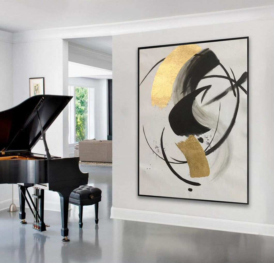 Gold Black White Minimalist Painting on Canvas Oversized Abstract Art Np090