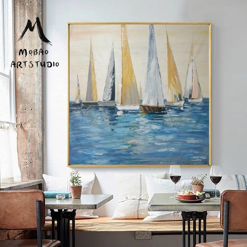 Large Wall Decor for Living Room Sailboat Painting, Blue Ocean Painting Gp029