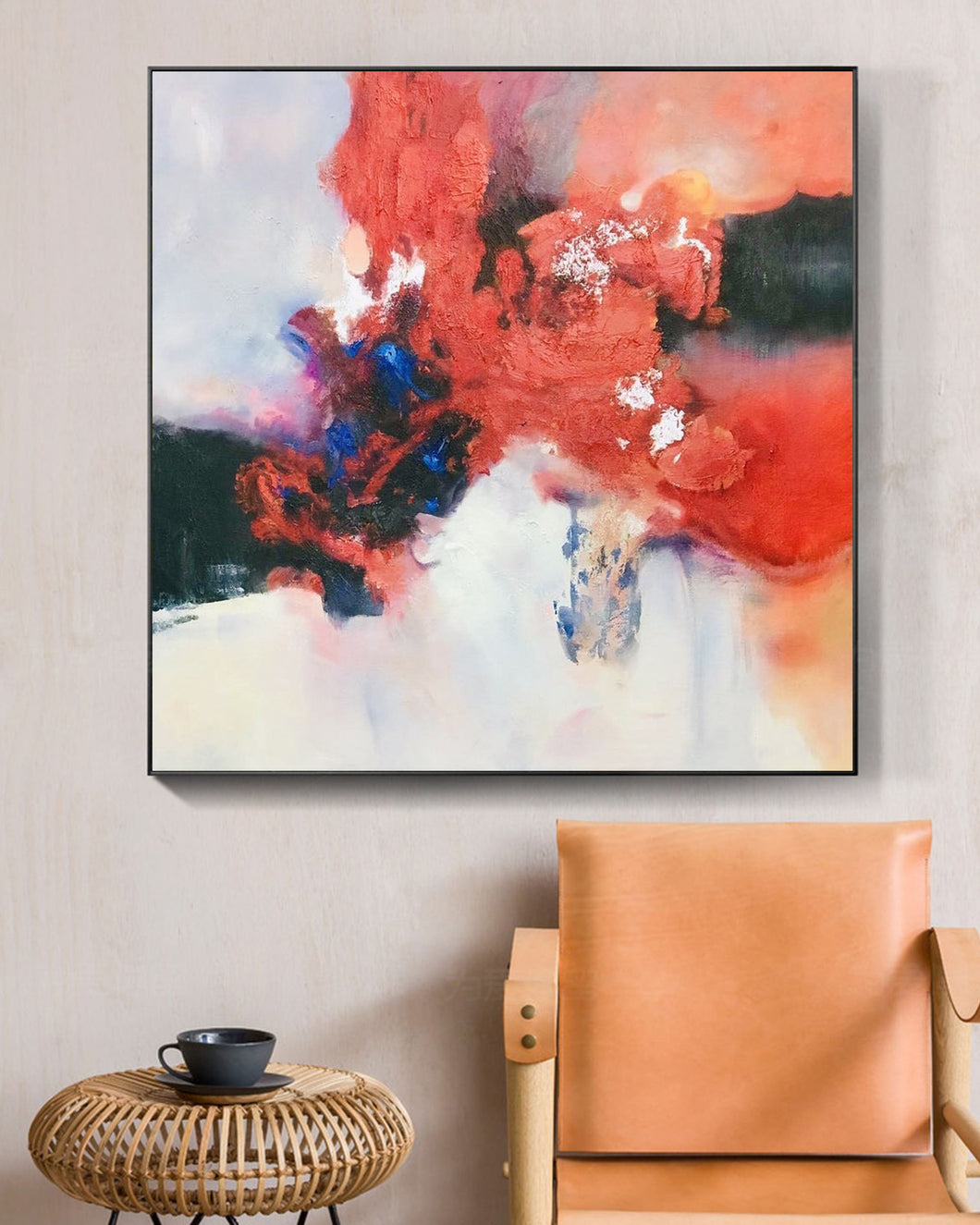 Red Blue Abstract Painting Beige Painting Minimalist Art Op032