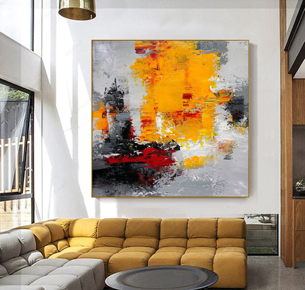 Large Yellow Gray Red Abstract Painting  Oversize Wall Art Cp019