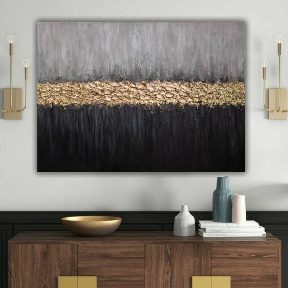 Gold Leaf Painting Gray Black Textured Painting on Canvas Kp069