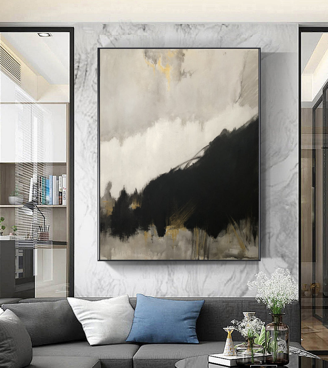 Original Black Abstract Minimalist Art Painting, Gold Painting Gray Painting Gp015