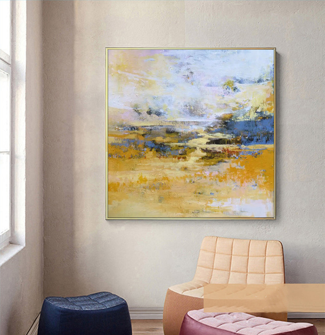 Blue Yellow Abstract Painting on Canvas Pink Landscape Painting Op061