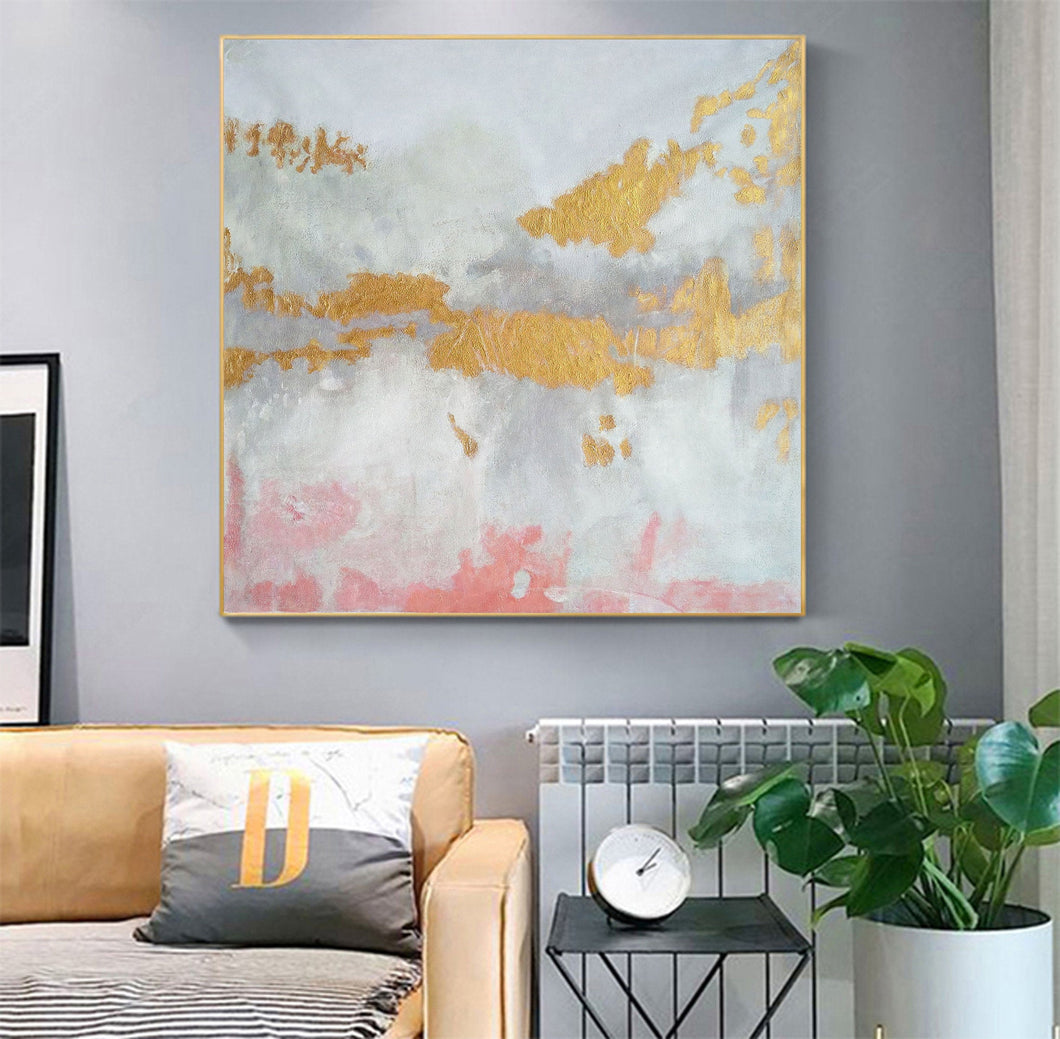 Gold White Pink Art Abstract Painting Oversized Art Canvas Op039