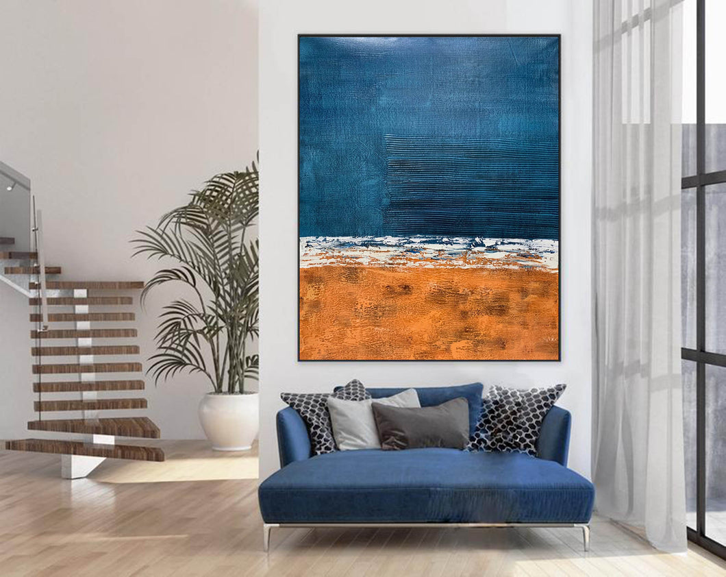 Deep Blue Orange Abstract Painting Textured Wall Art Np117