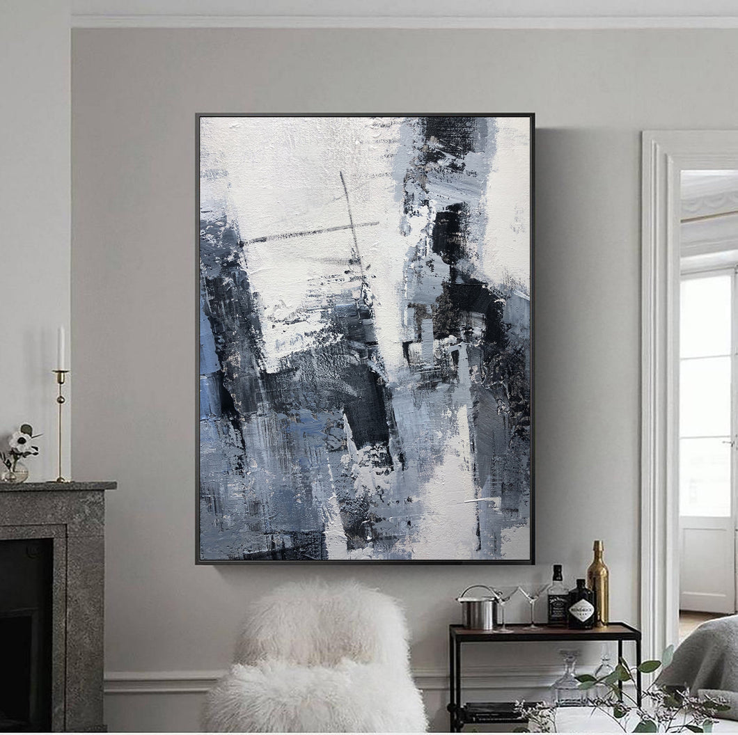 Gray Painting Abstract Extra Large Blue Abstract Painting Black White Cp009