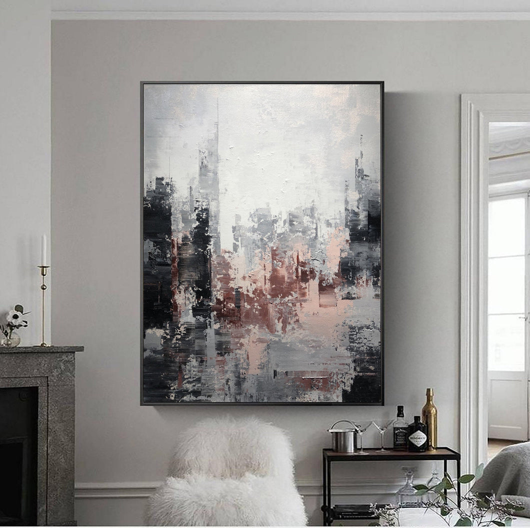 Large Gray Painting Abstract City Painting Black and White Painting Op069