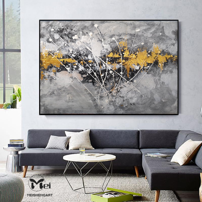 Gray Canvas Painting Black Gold Painting Contemporary Abstract Art Kp005