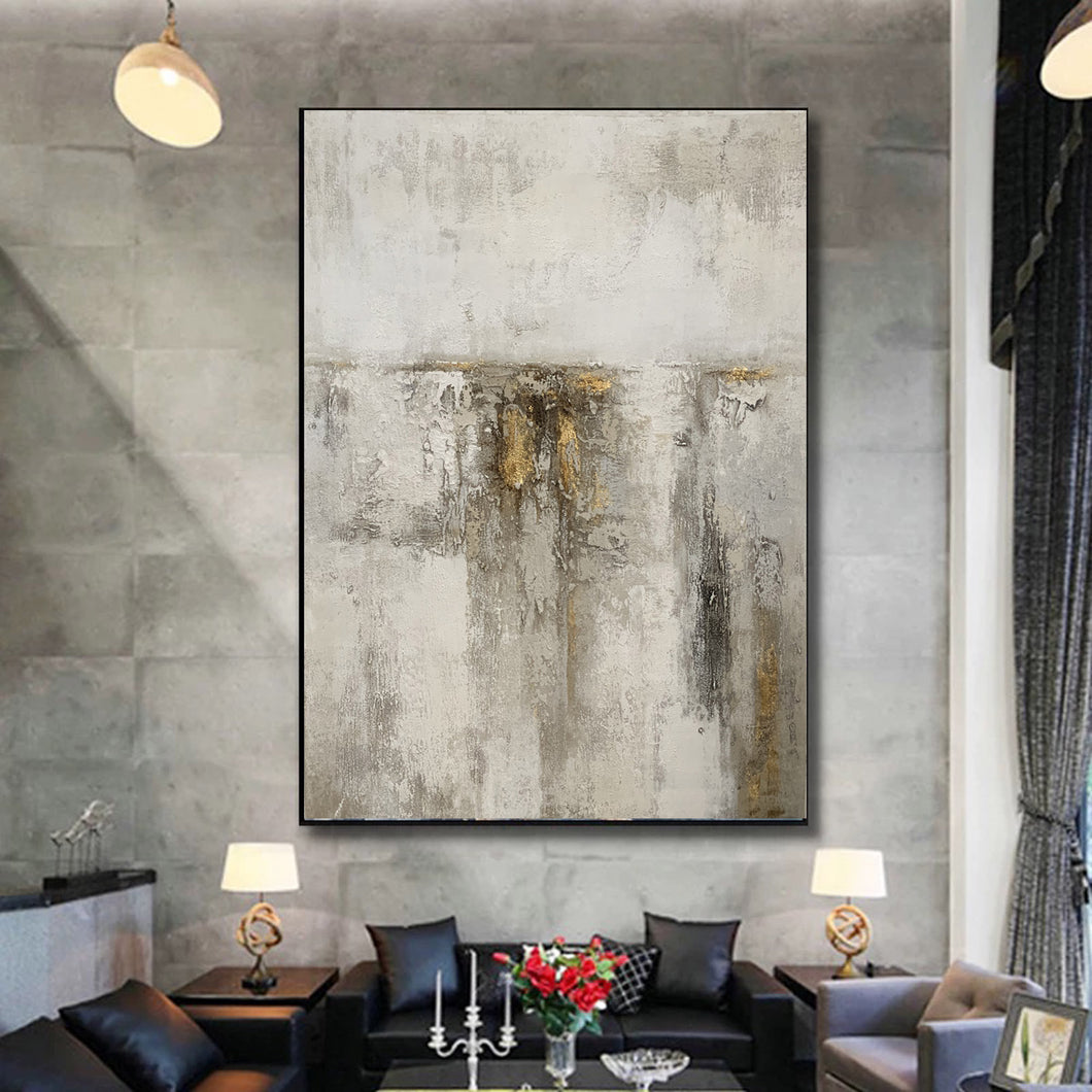 Gray White Gold Abstract Acrylic Painting on Canvas Textured Wall Art Op093