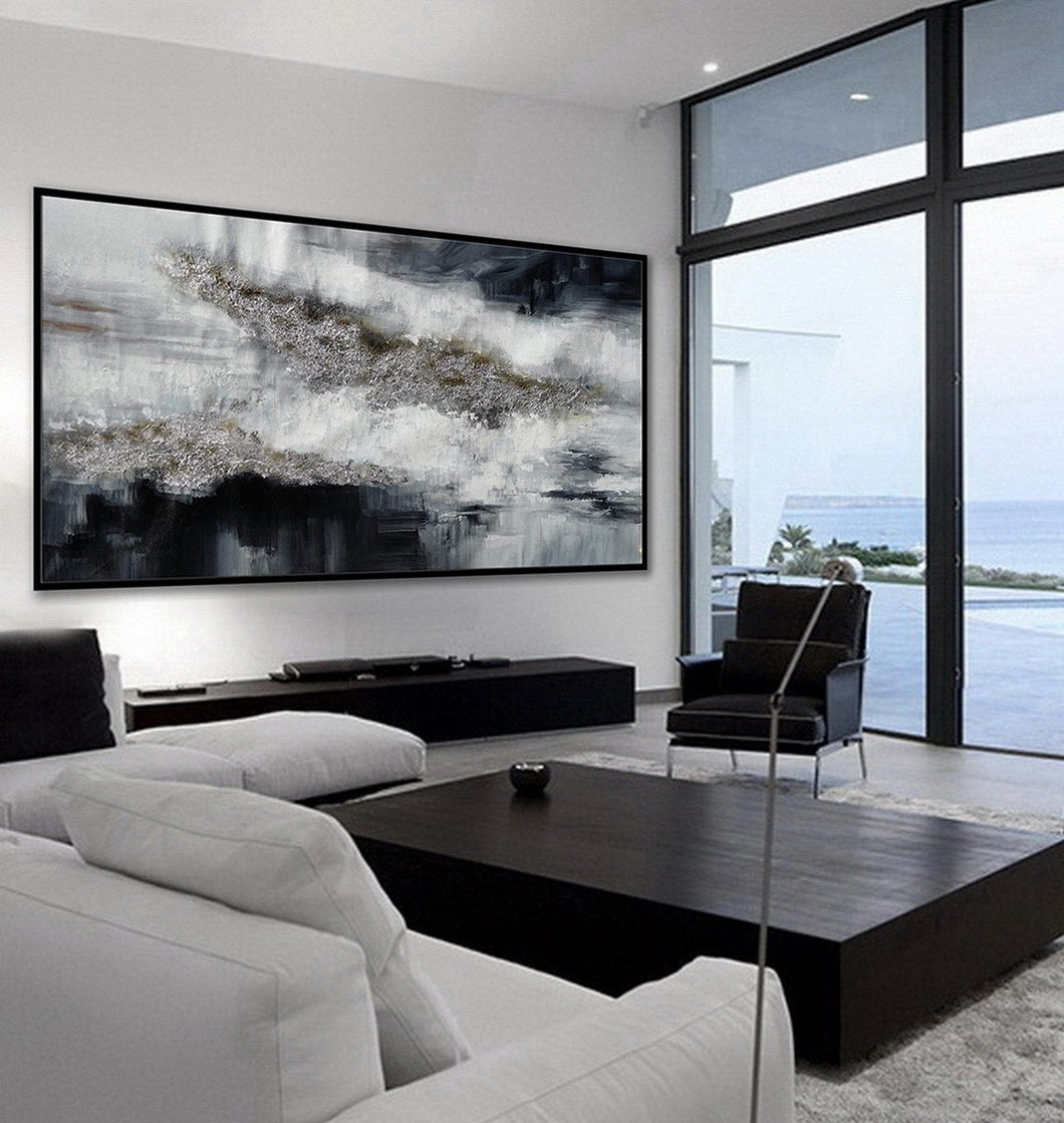 Black Silver Artwork Extra Large Panoramic Abstract Painting Ap053