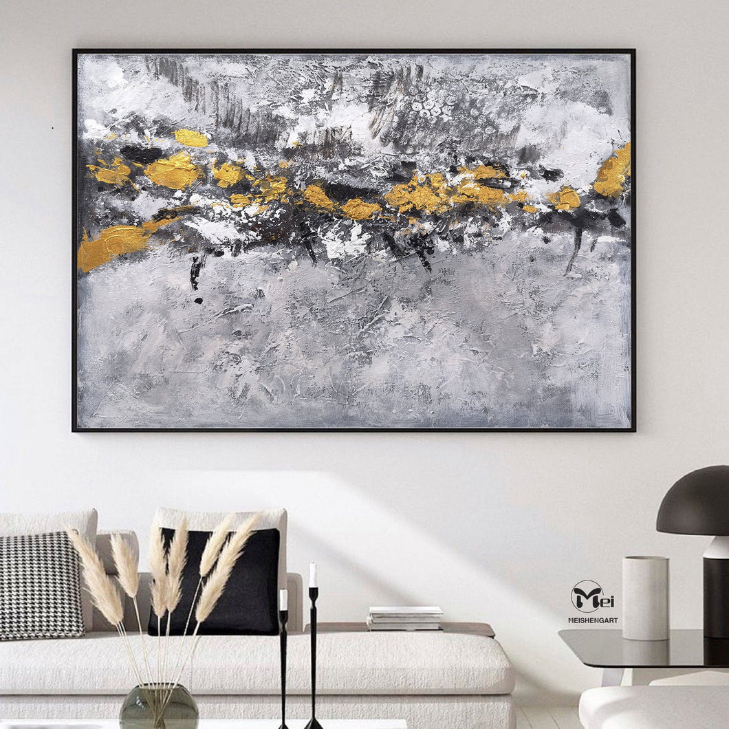 Gray Gold Leaf Abstract Art Modern Wall Painting For Office Kp026