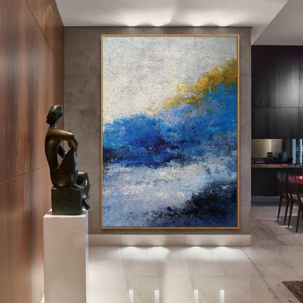 Blue White Gold Original Abstract Painting Modern Canvas Art Op098