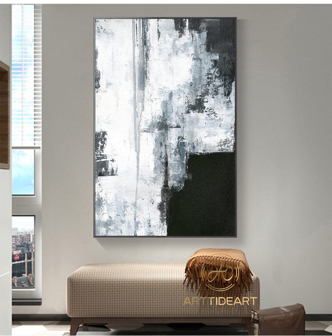 Oversize Silvery Abstract Painting Black And White Art Ap039