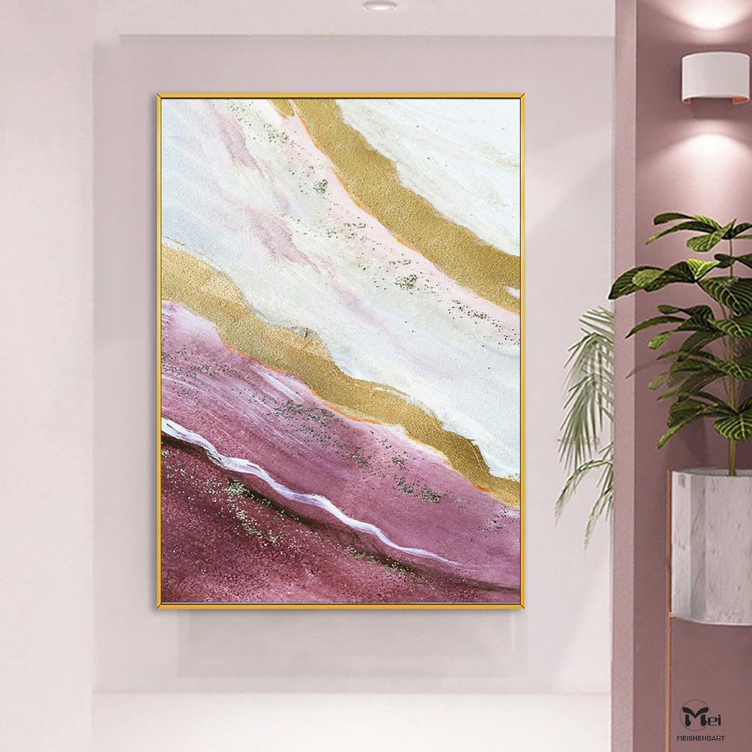 Gold Leaf Painting Pink and Purple Acrylic Painting For Living Room Ap102