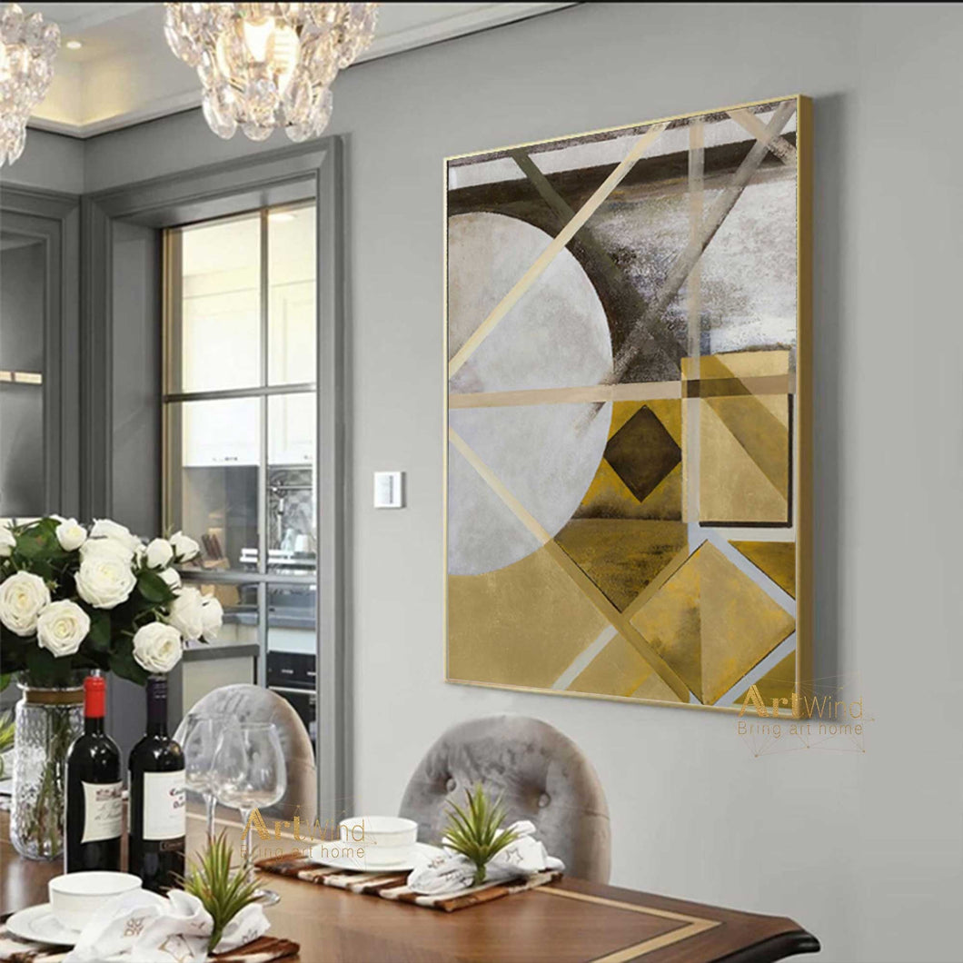 Yellow Gold Leaf Painting Grey And White Art Geometric Art Dp042