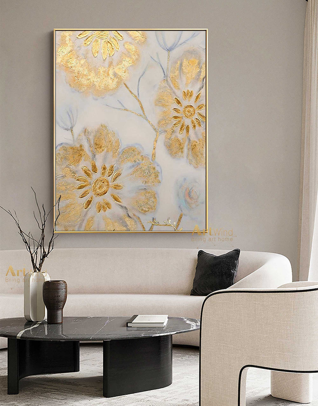 Gold Flowers Art Beige Painting Gold Leaf Painting Modern Wall Art Dp045