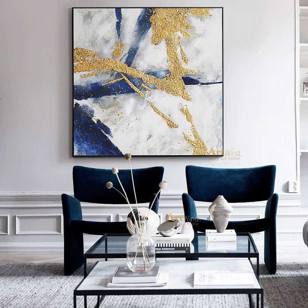 Original Abstract Gold Painting Minimalist Navy Blue Painting For Office Dp037