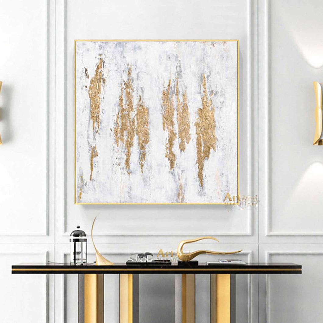 Gold Leaf Art Abstract Canvas Painting White And Gold Office Wall Art Dp049