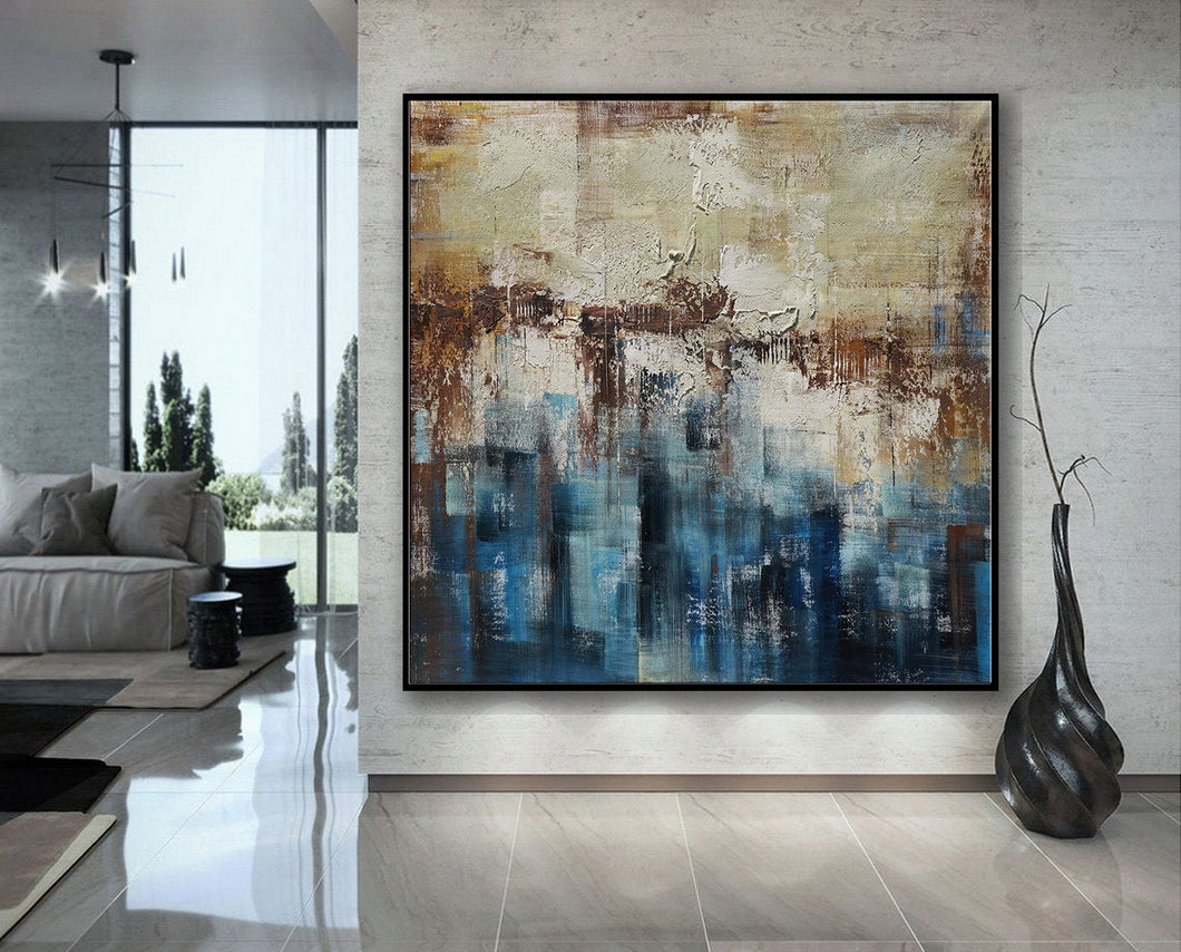 Blue Brown Gray Abstract Painting Oversized Living Room Painting Ap096