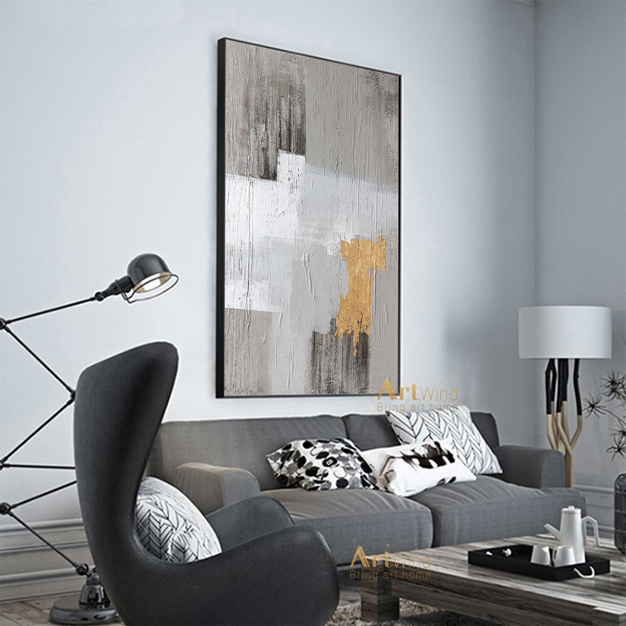 Grey And Gold Art White Painting Modern Wall Art Original Artwork Bedr –  Extra Large Wall Art, image size:2000x2000