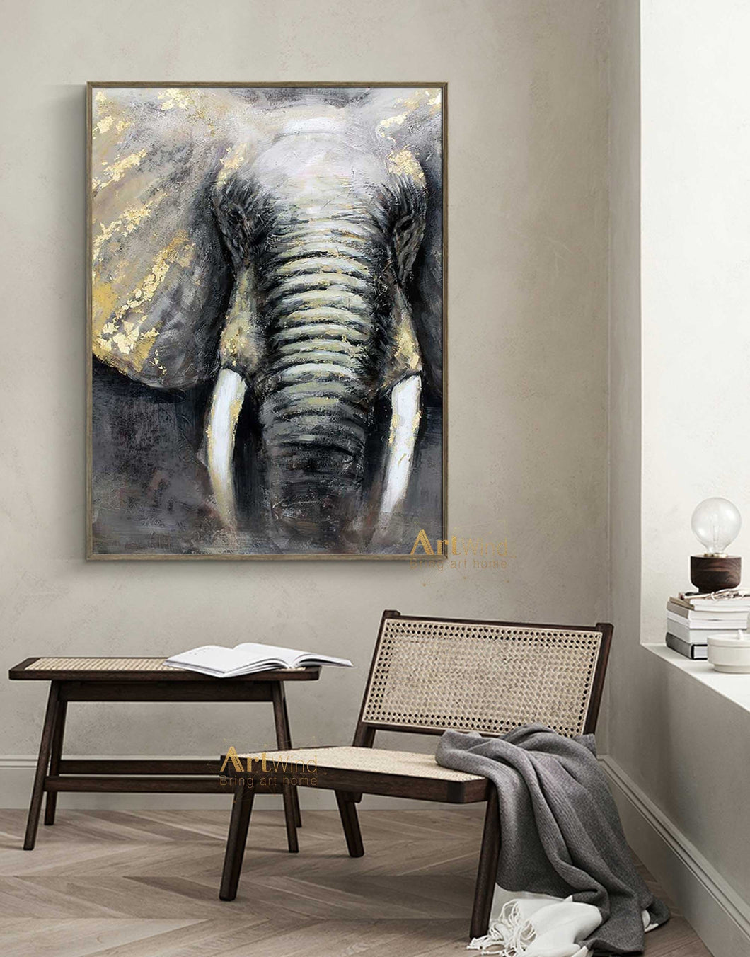 Oversized Gold And Gry Elephant Canvas Art Gold Leaf Art Dp044